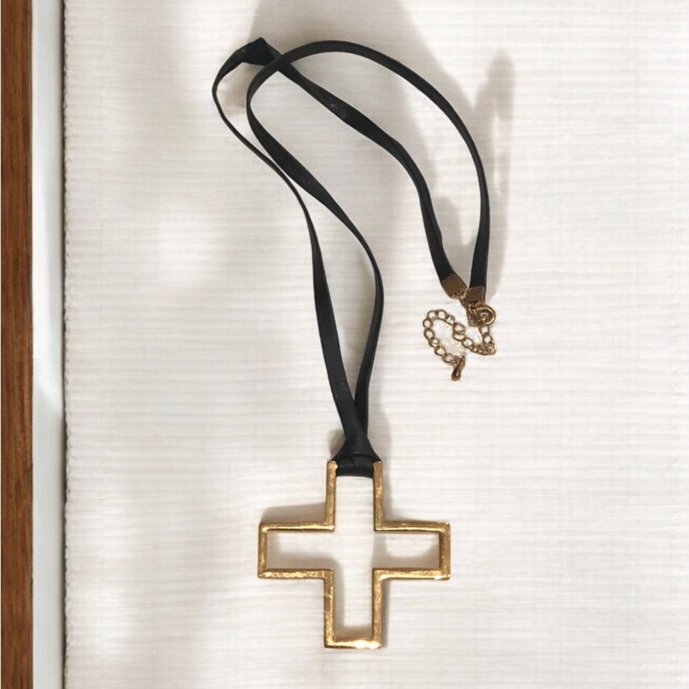 Vintage Gold Toned Cross with Black Leather Ribbon Necklace